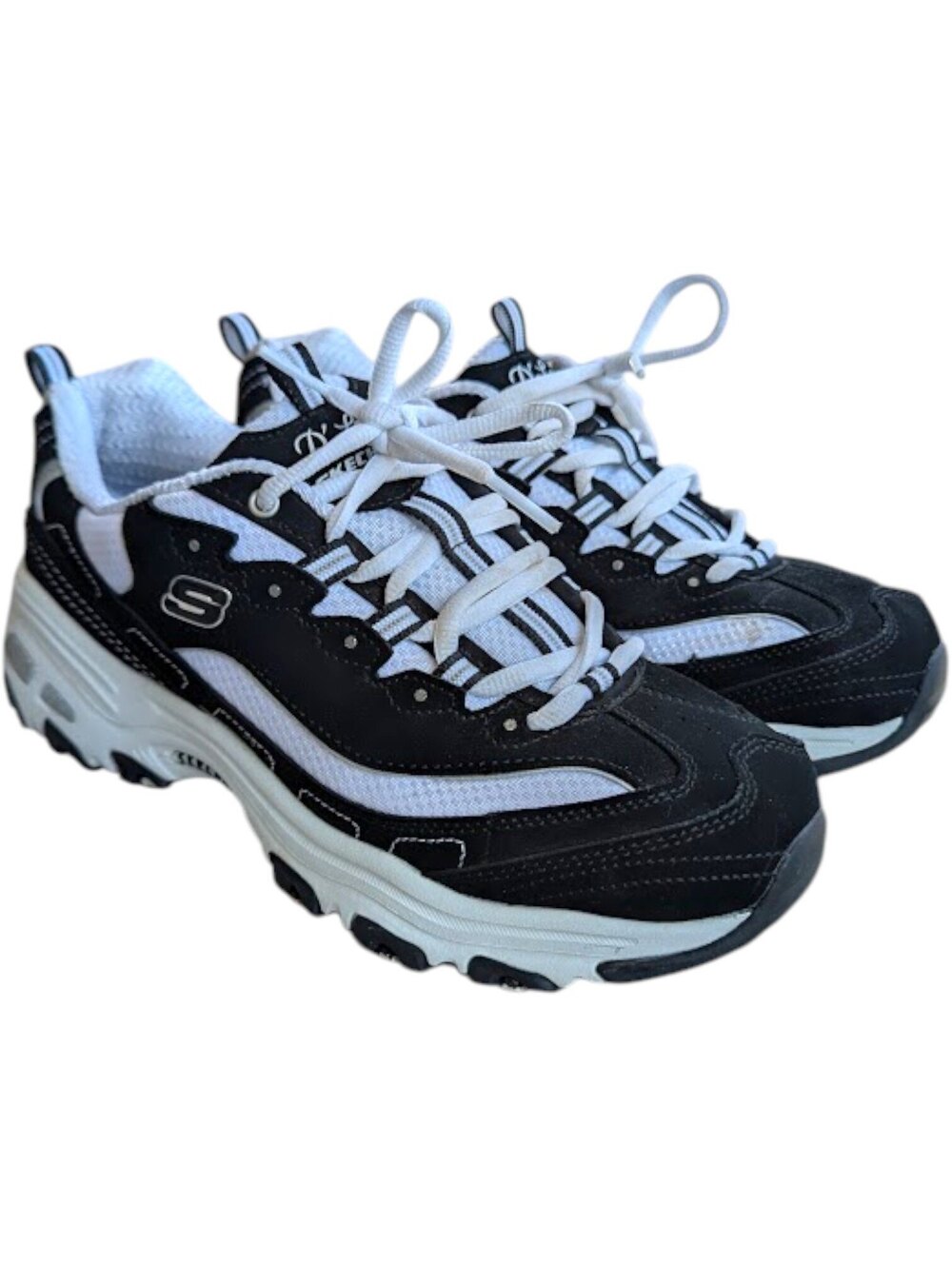 Skechers DLites Womens 9 Black White Leather Memory Foam Shoes Chunky Ortho Gem
